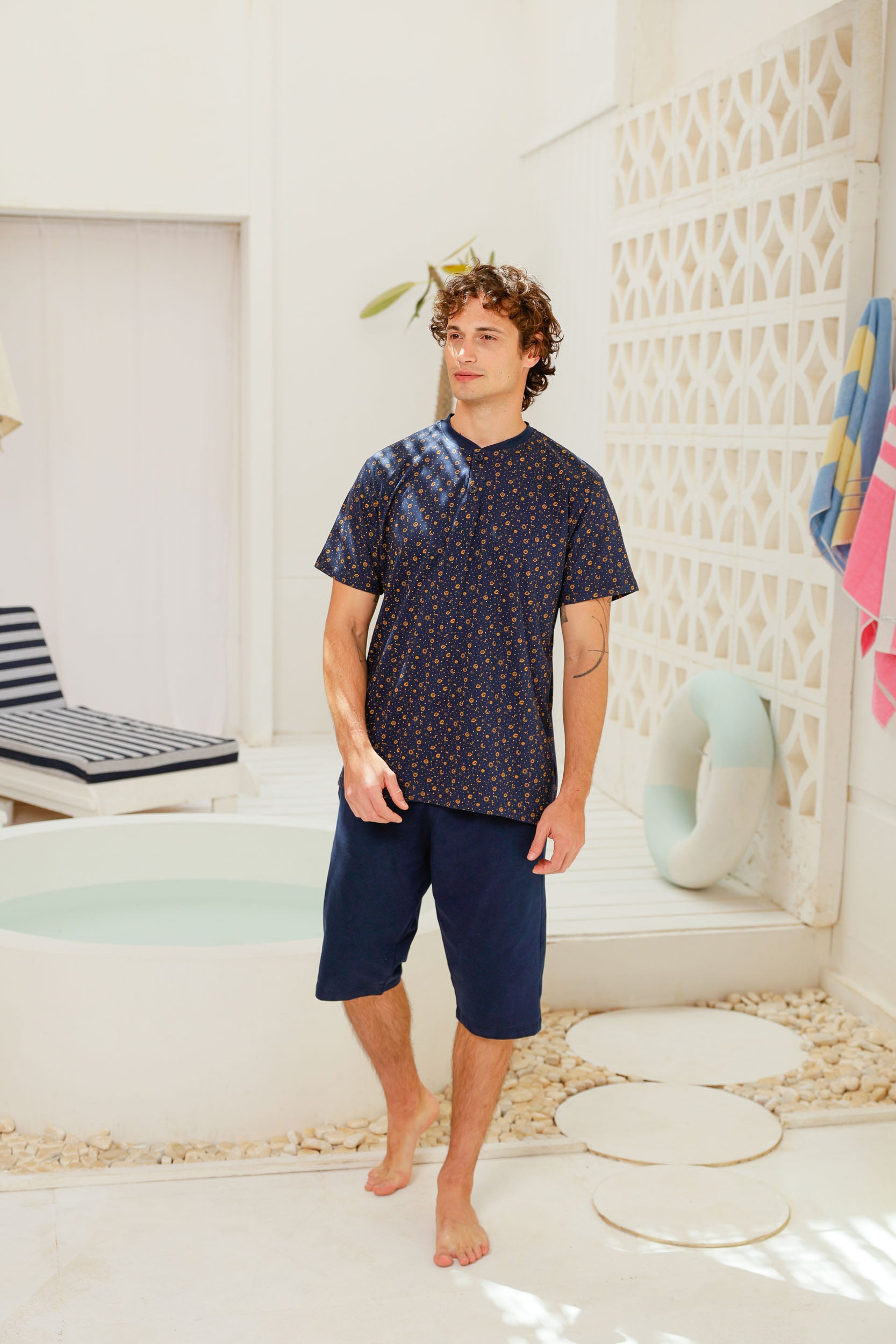 بيجاما نص كم روتاري شورت طويل ساده