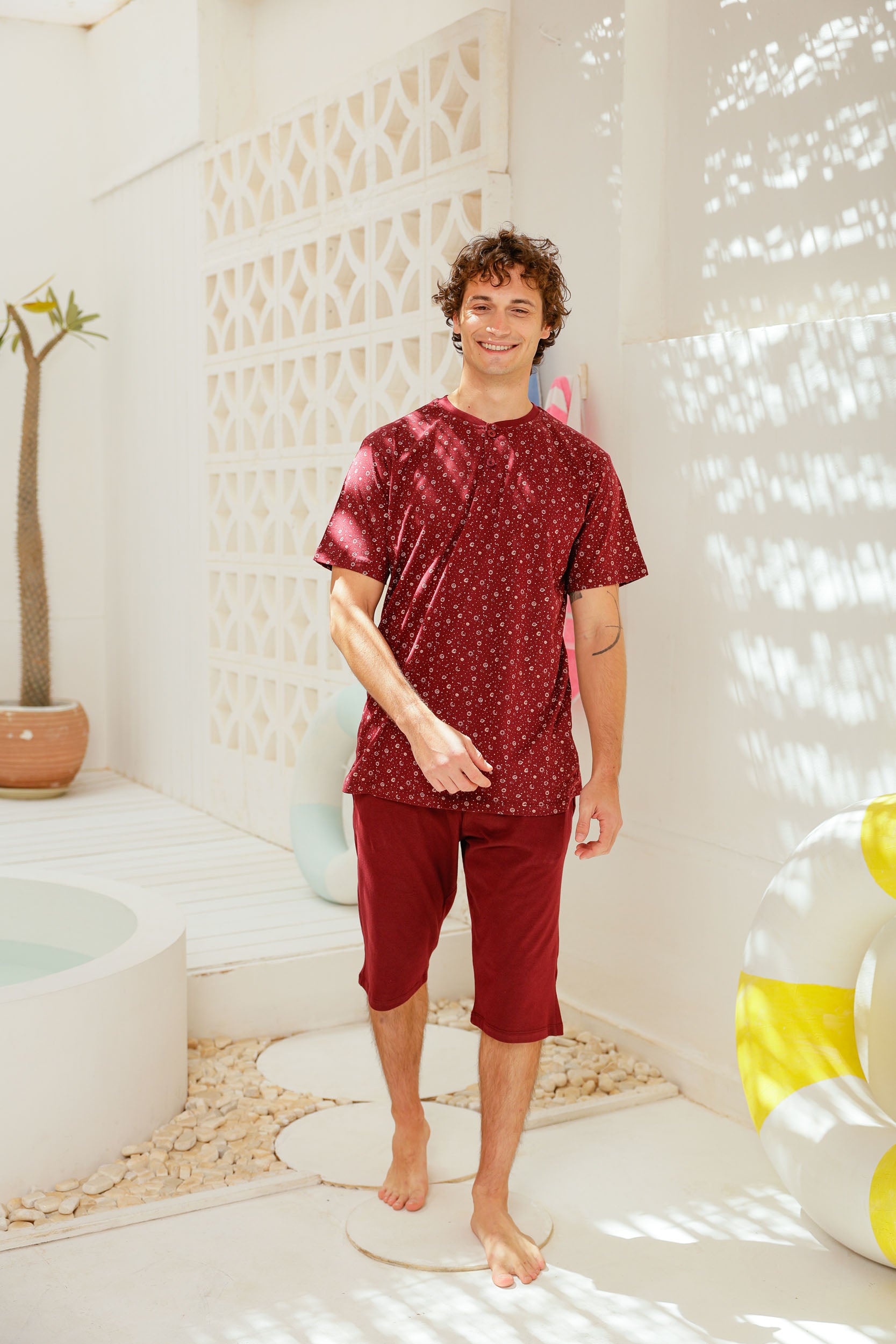 بيجاما نص كم روتاري شورت طويل ساده