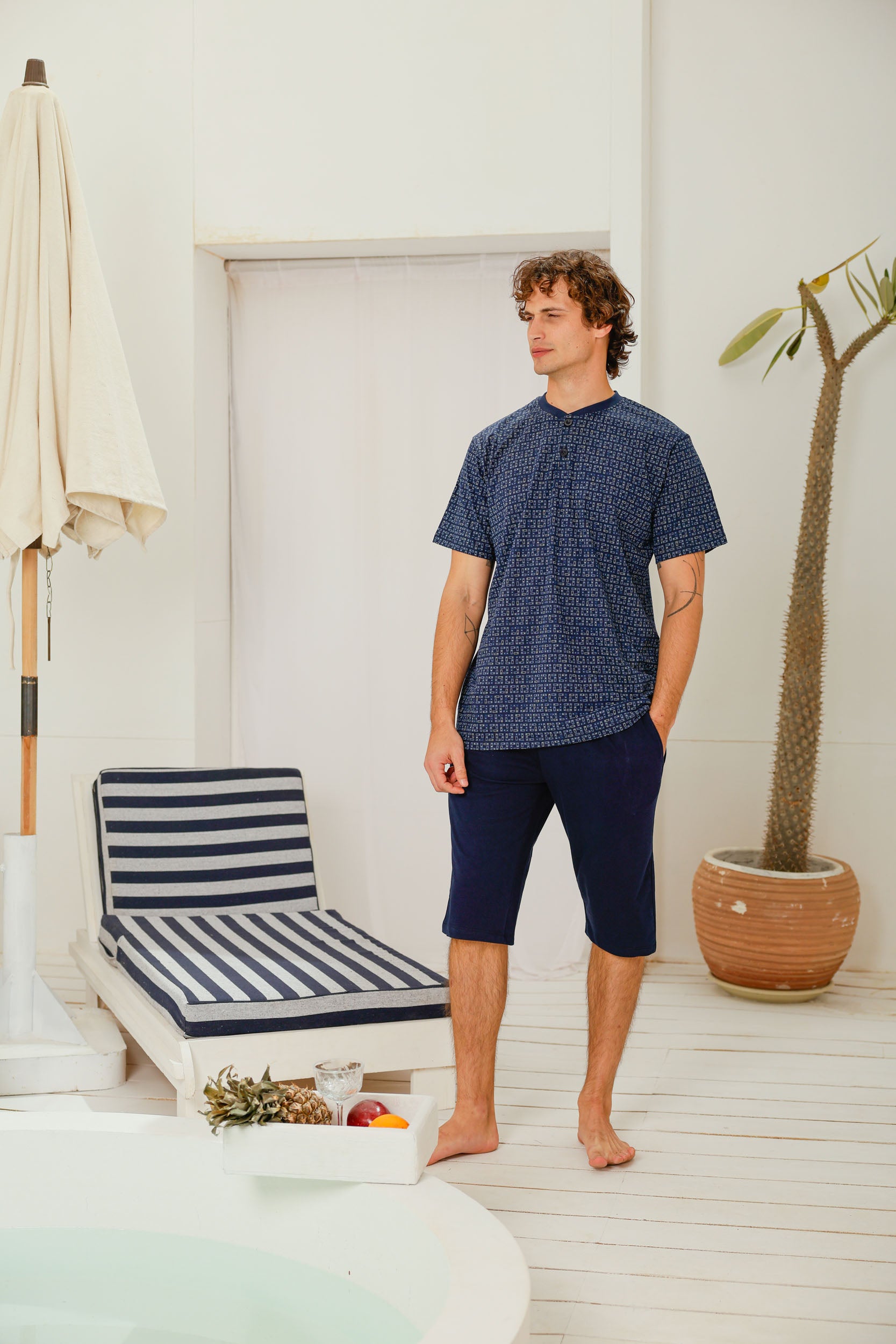 بيجاما نص كم بندا وزراير مطبوع شورت طويل