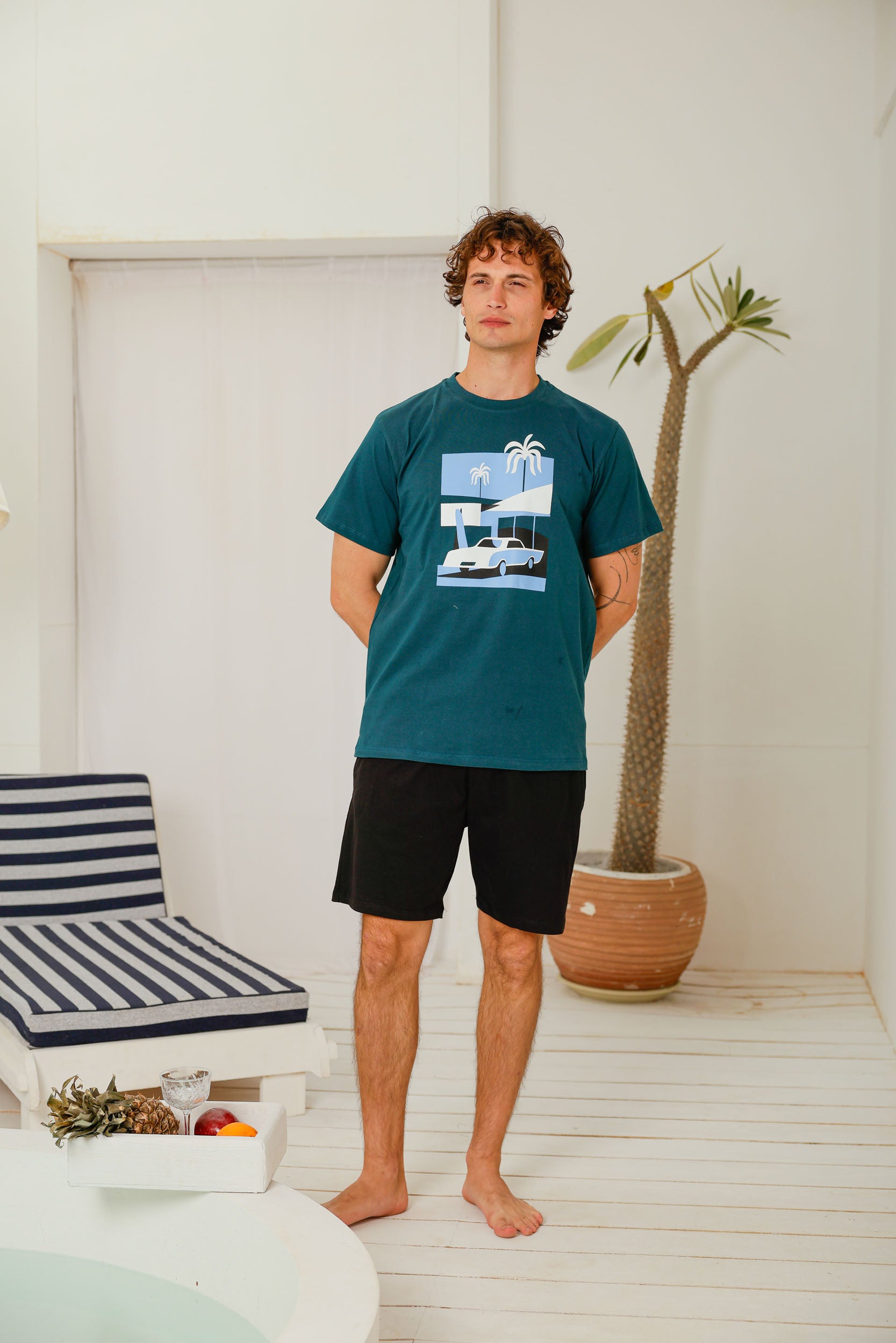 بيجاما نص كم مطبوع شورت ساده