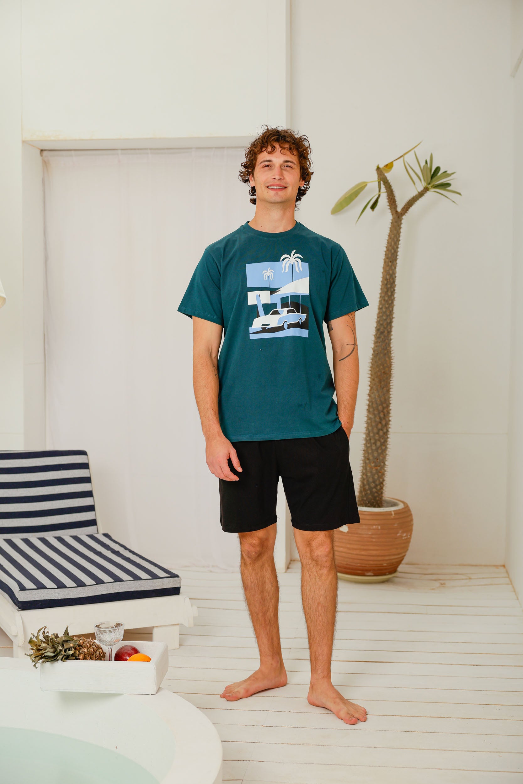 بيجاما نص كم مطبوع شورت ساده